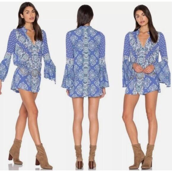 Free People Top Women Small Blue Boho Magic Mystery Bell Sleeve Tunic Peasant - Picture 1 of 11